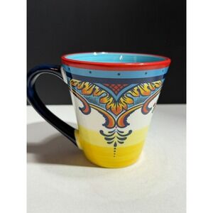 Euro Ceramica Zanzibar Hand Painted Floral Ceramic Coffee Mug Blue Yellow Red